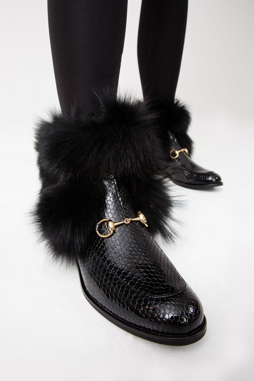 The Izmir Black Patent Leather Natural Fur Mid Calf  Boot For Sale