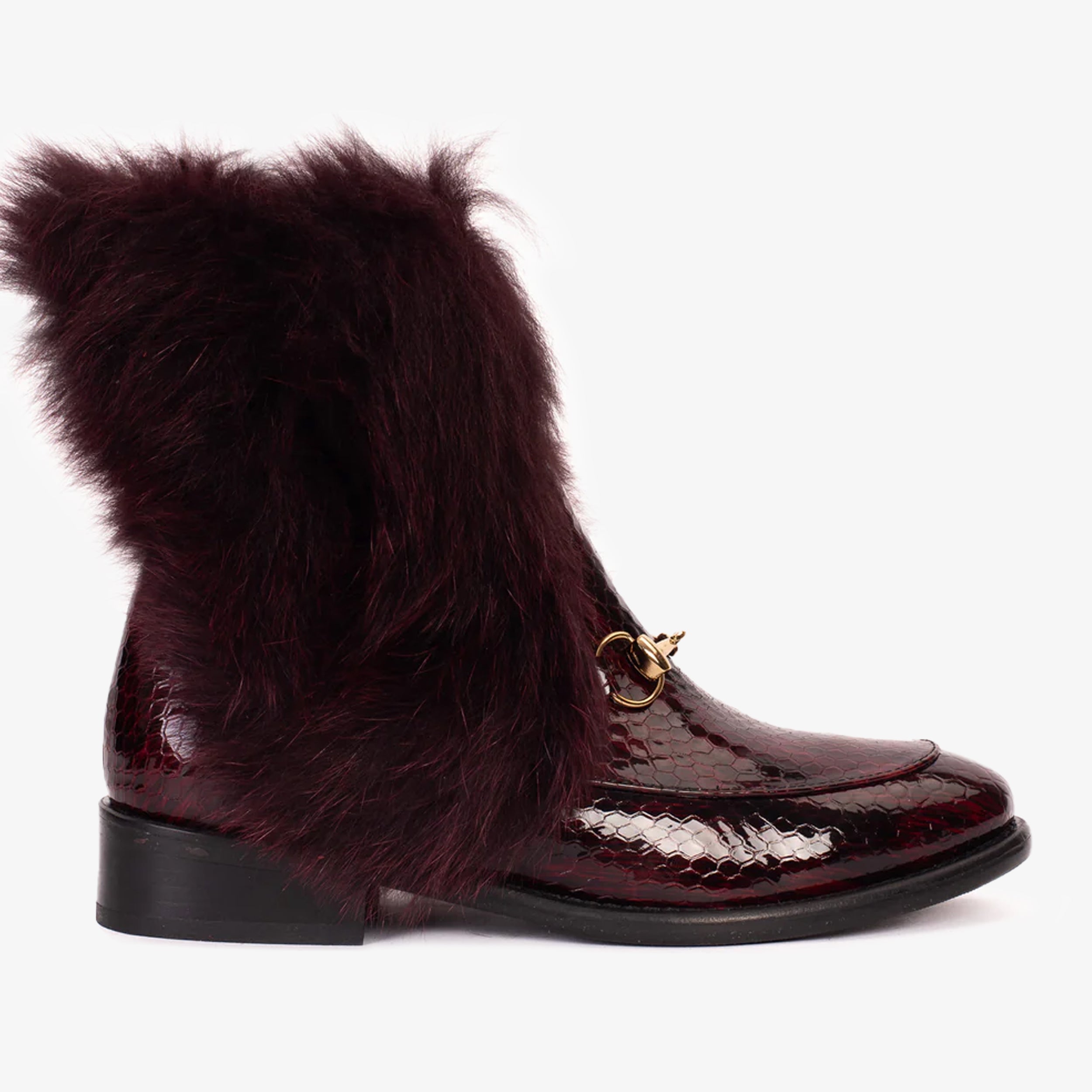 The Izmir Burgundy Patent Leather Natural Fur Mid Calf Boot All New