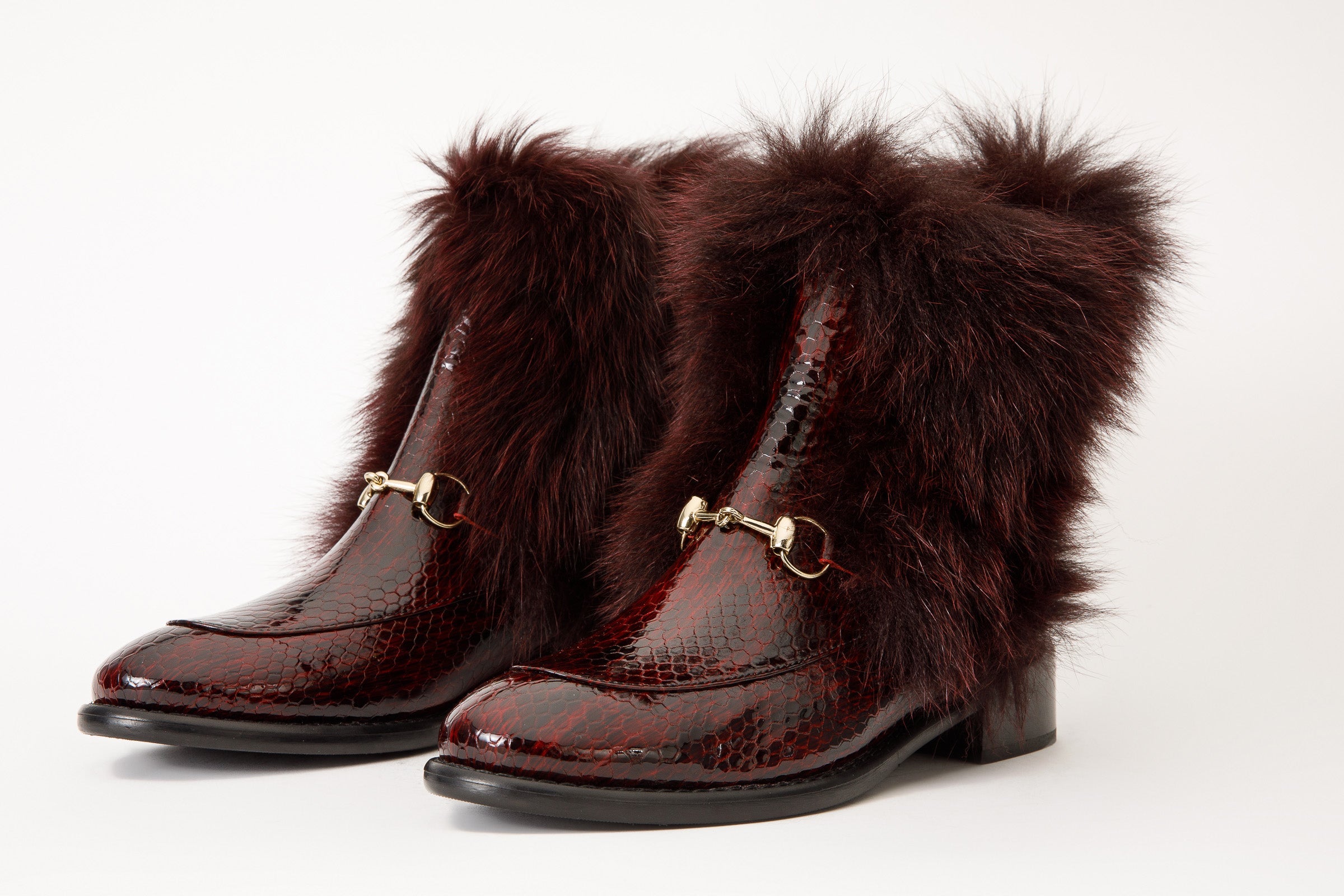 The Izmir Burgundy Patent Leather Natural Fur Mid Calf Boot All New