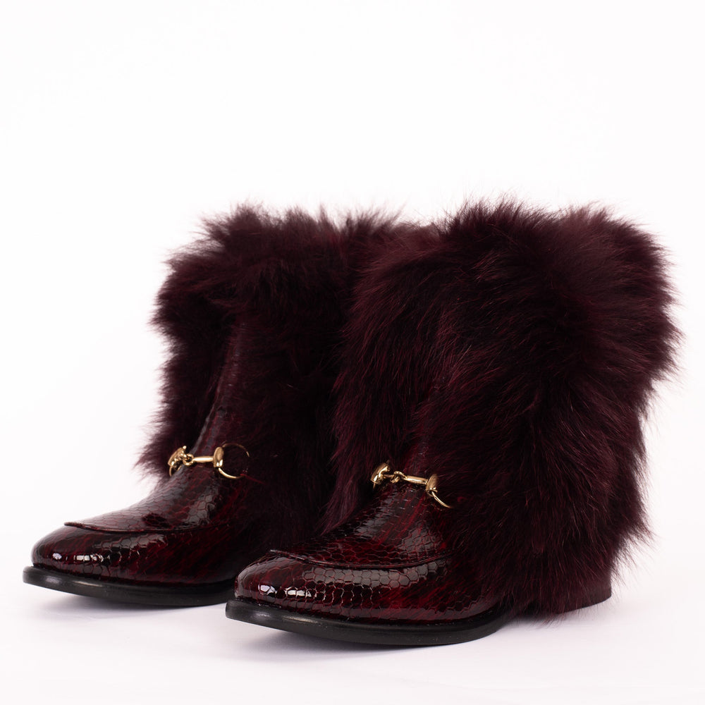 The Izmir Burgundy Patent Leather Natural Fur Mid Calf Boot All New