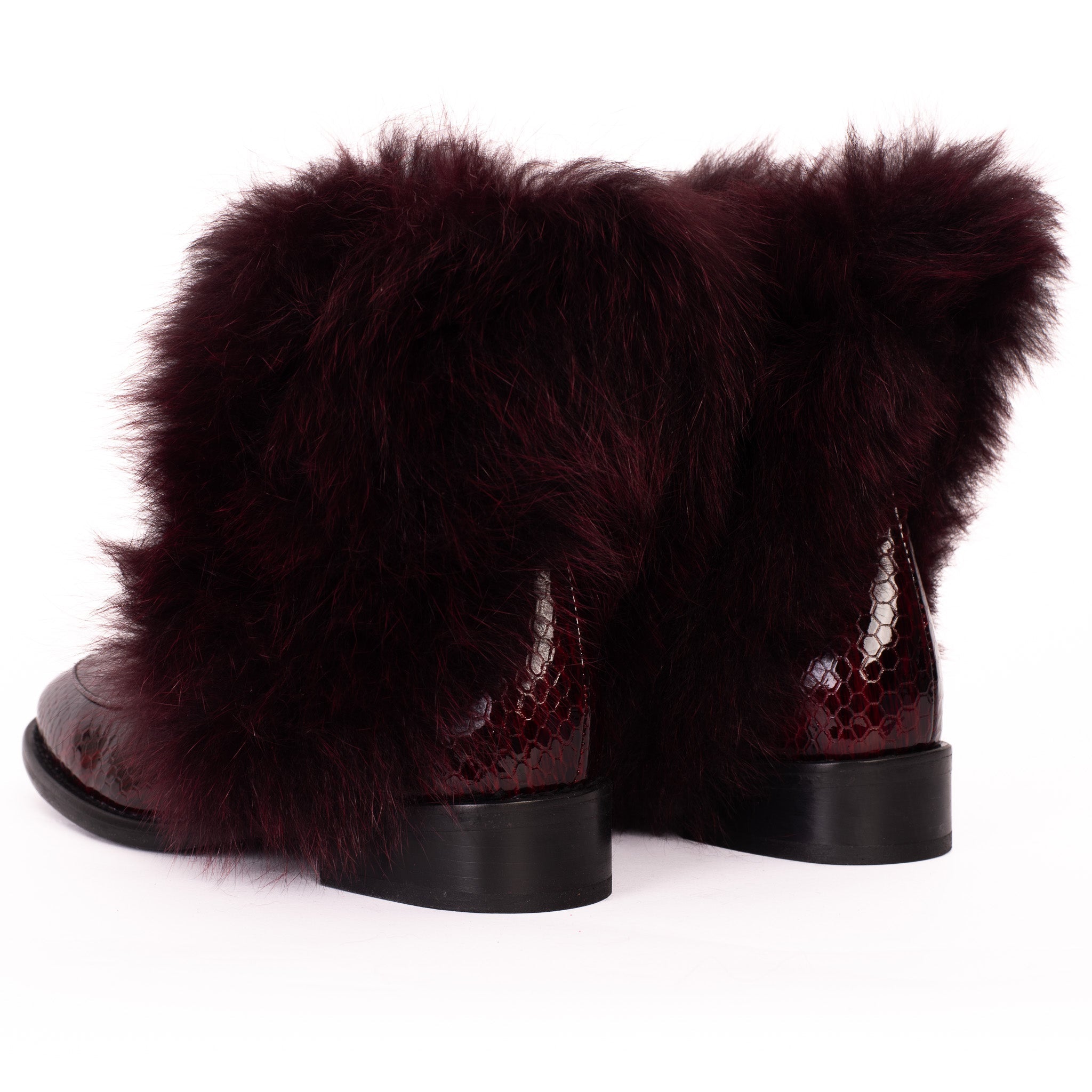 The Izmir Burgundy Patent Leather Natural Fur Mid Calf Boot All New