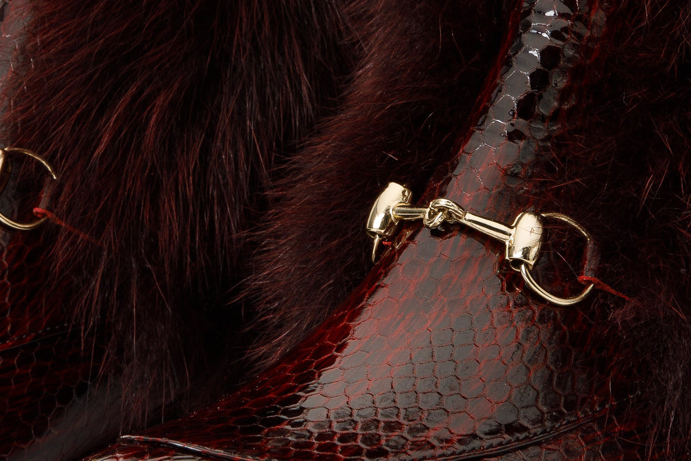 The Izmir Burgundy Patent Leather Natural Fur Mid Calf Boot All New