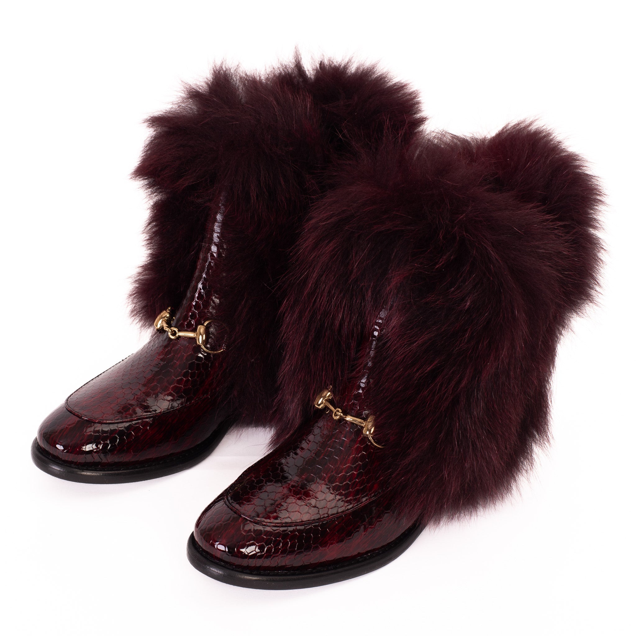 The Izmir Burgundy Patent Leather Natural Fur Mid Calf Boot All New