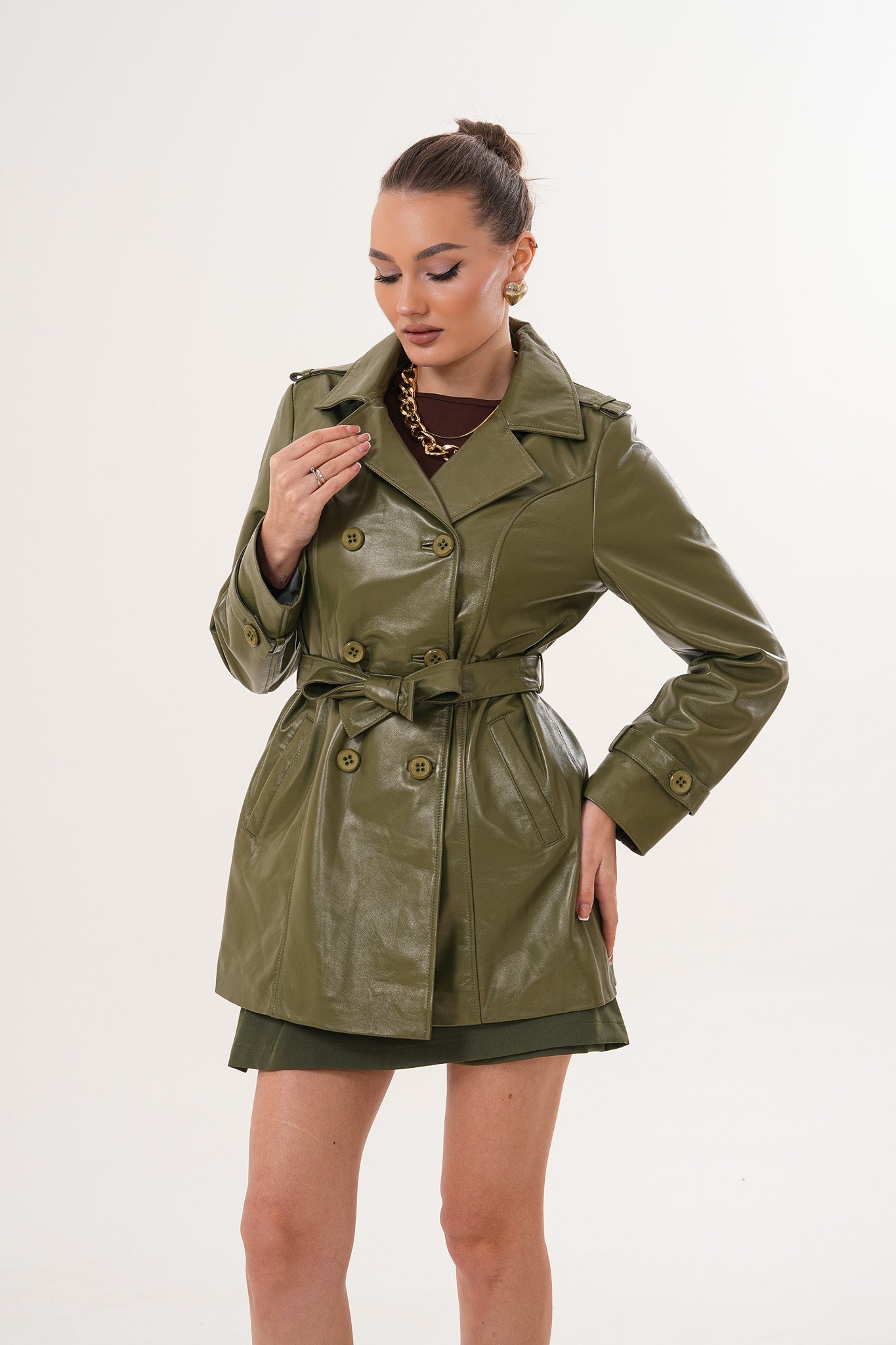 The Caelith Olive Green Leather Trench Jacket Exclusive Style