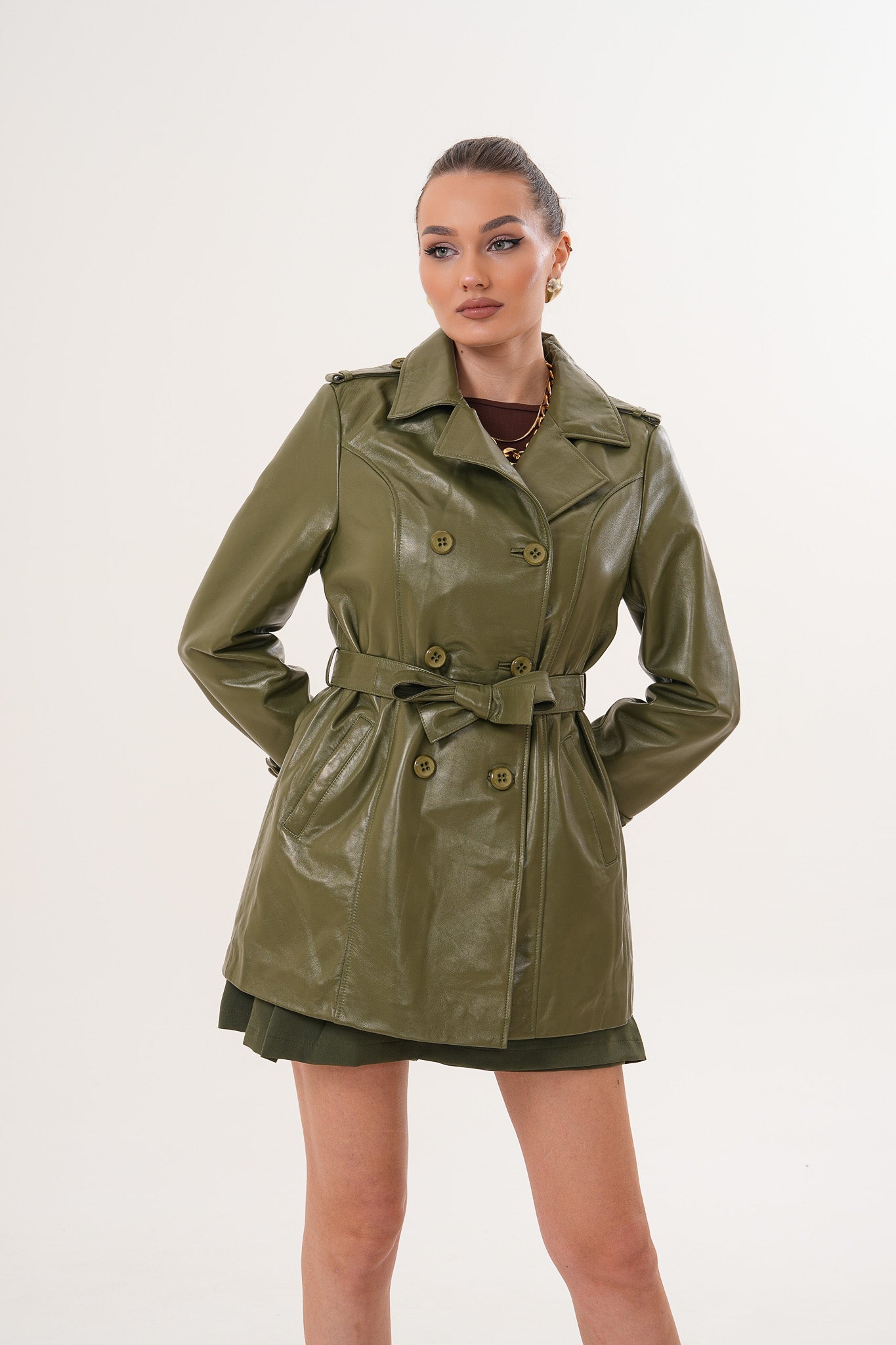 The Caelith Olive Green Leather Trench Jacket Exclusive Style