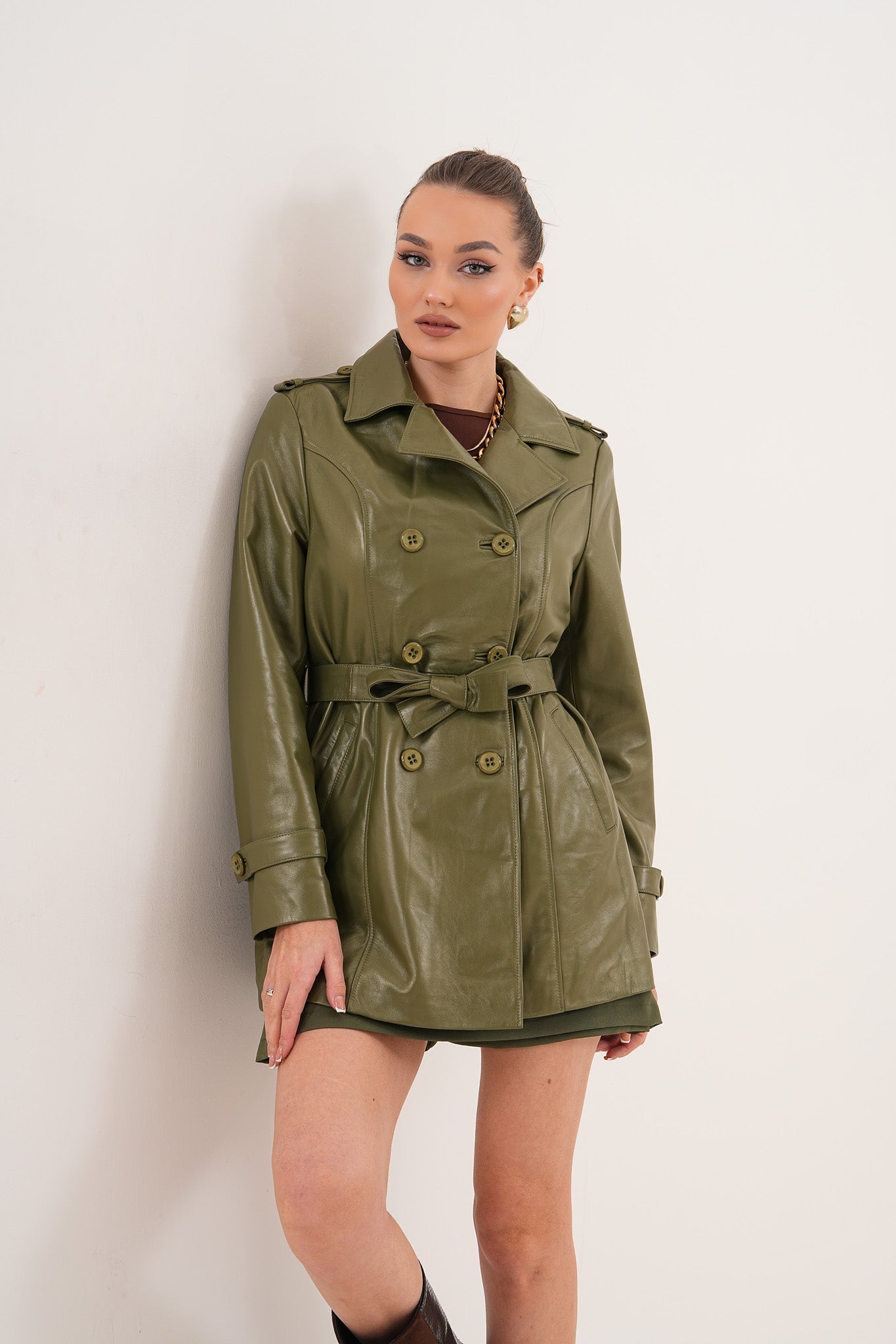 The Caelith Olive Green Leather Trench Jacket Exclusive Style