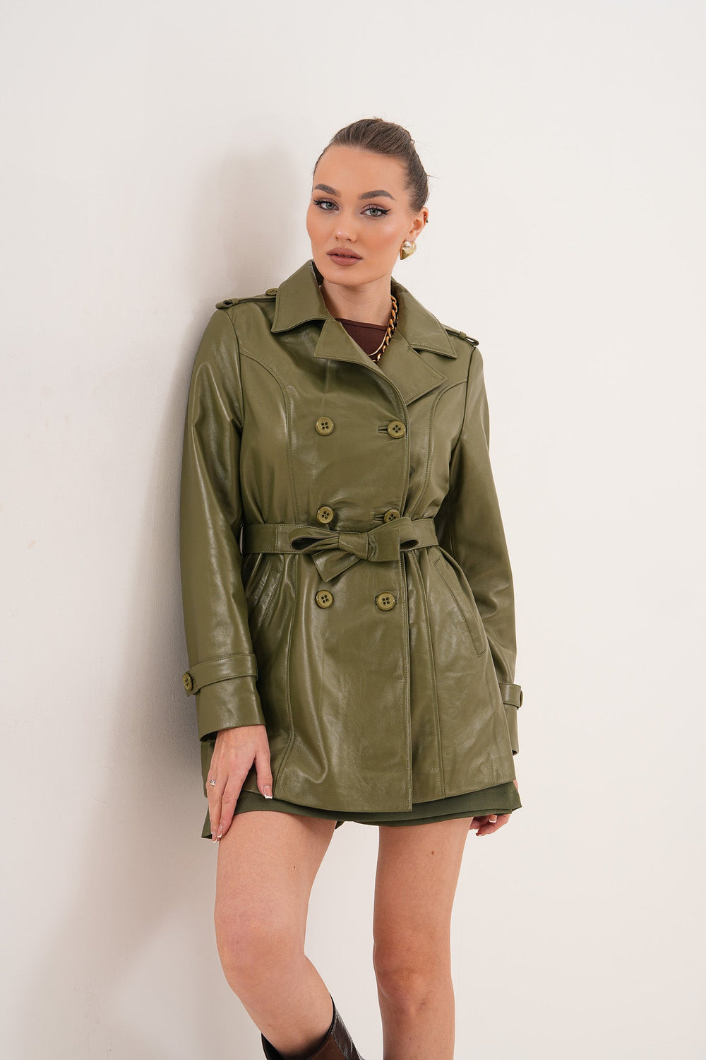 The Caelith Olive Green Leather Trench Jacket Exclusive Style