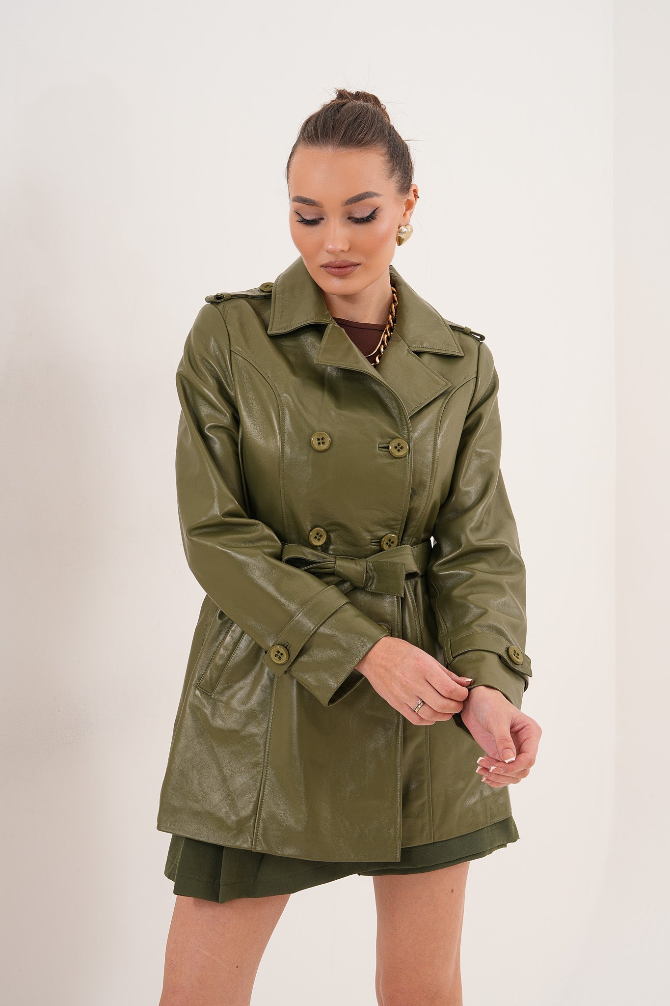 The Caelith Olive Green Leather Trench Jacket Exclusive Style