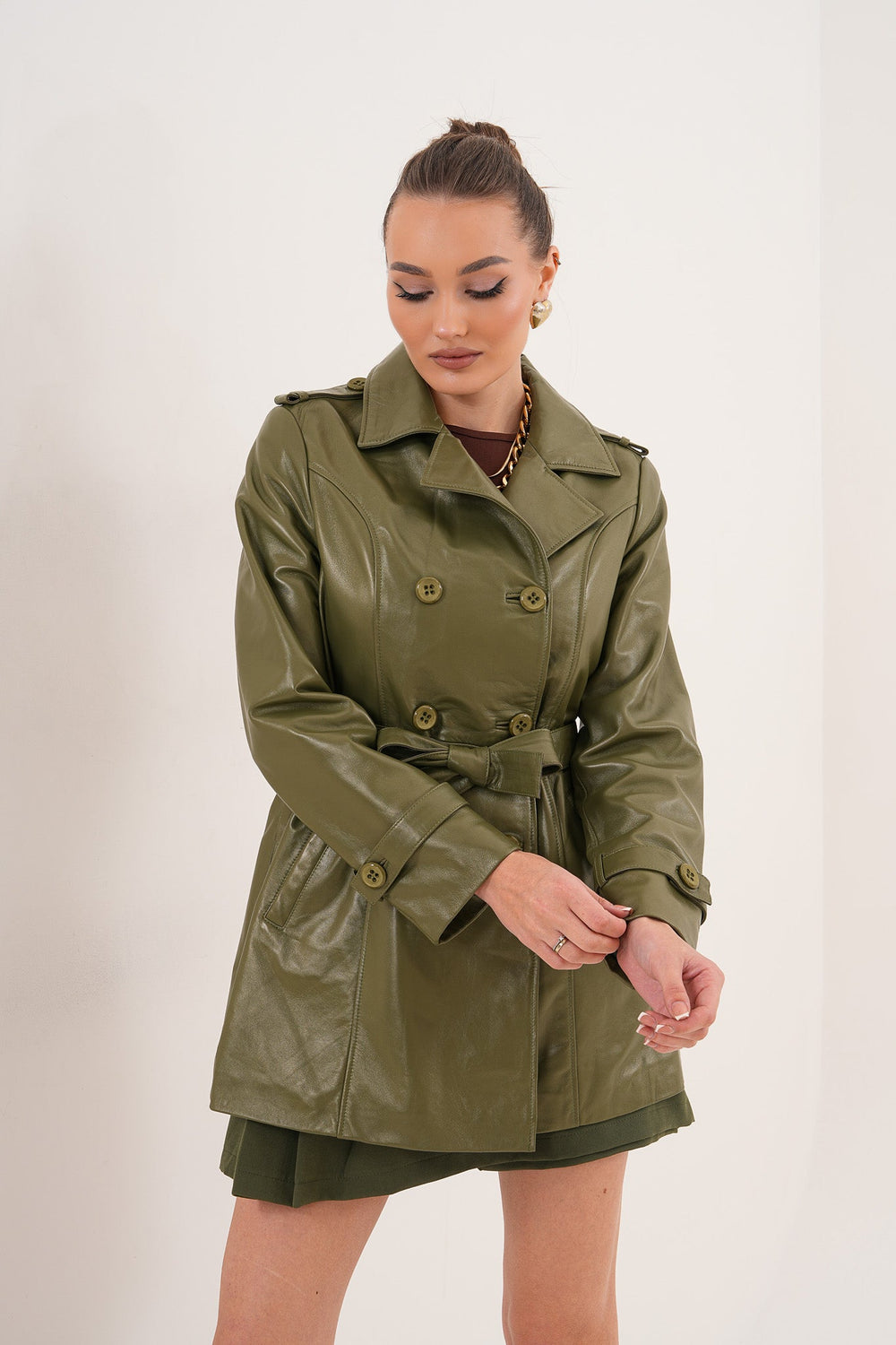 The Caelith Olive Green Leather Trench Jacket Exclusive Style