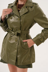 The Caelith Olive Green Leather Trench Jacket Exclusive Style