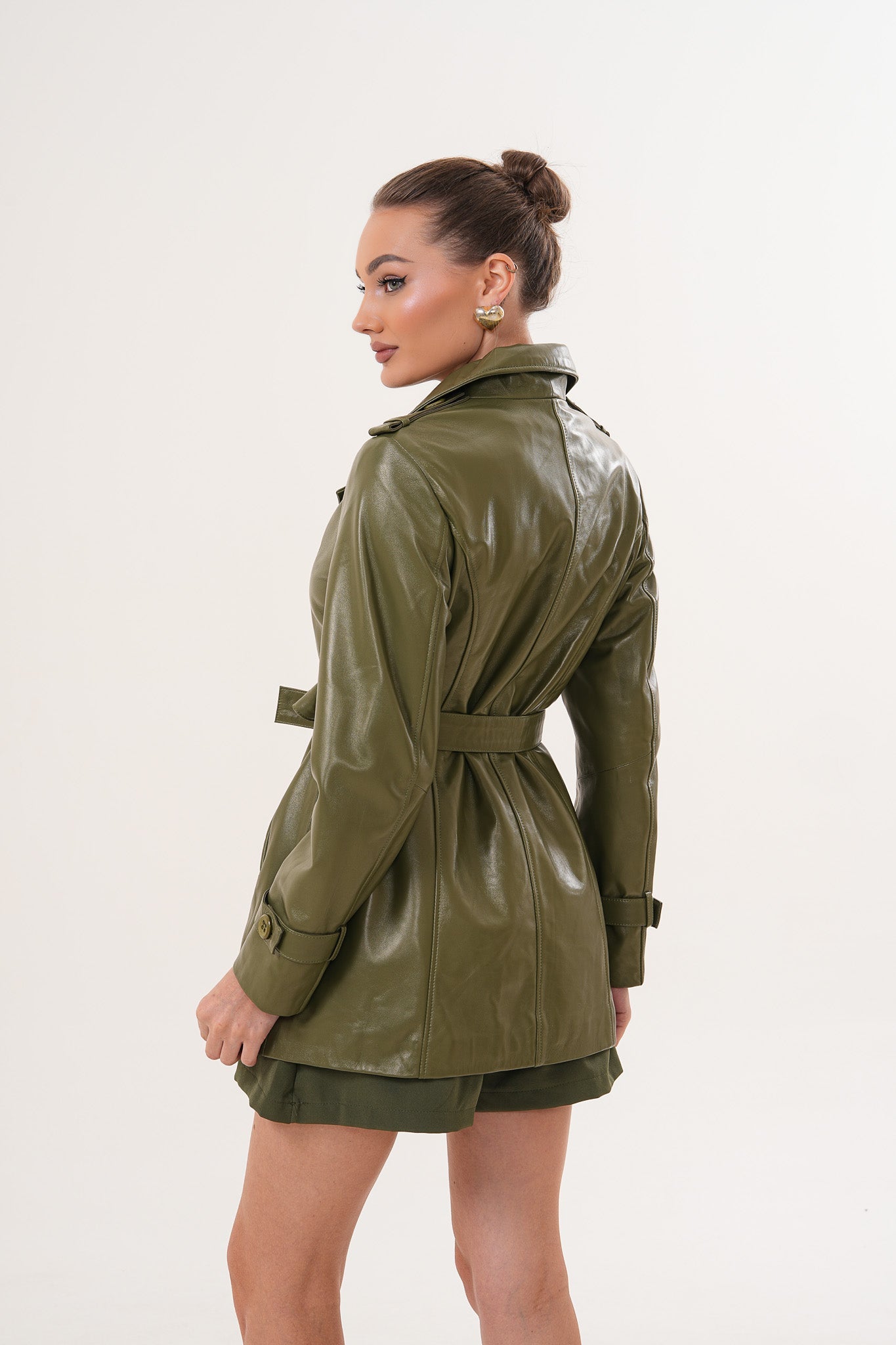The Caelith Olive Green Leather Trench Jacket Exclusive Style