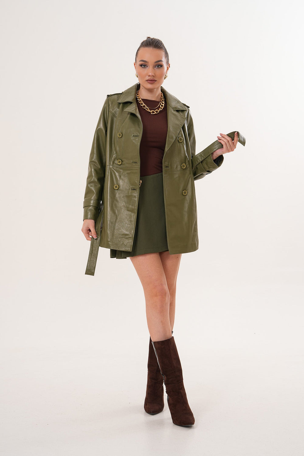The Caelith Olive Green Leather Trench Jacket Exclusive Style