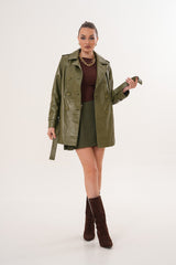 The Caelith Olive Green Leather Trench Jacket Exclusive Style