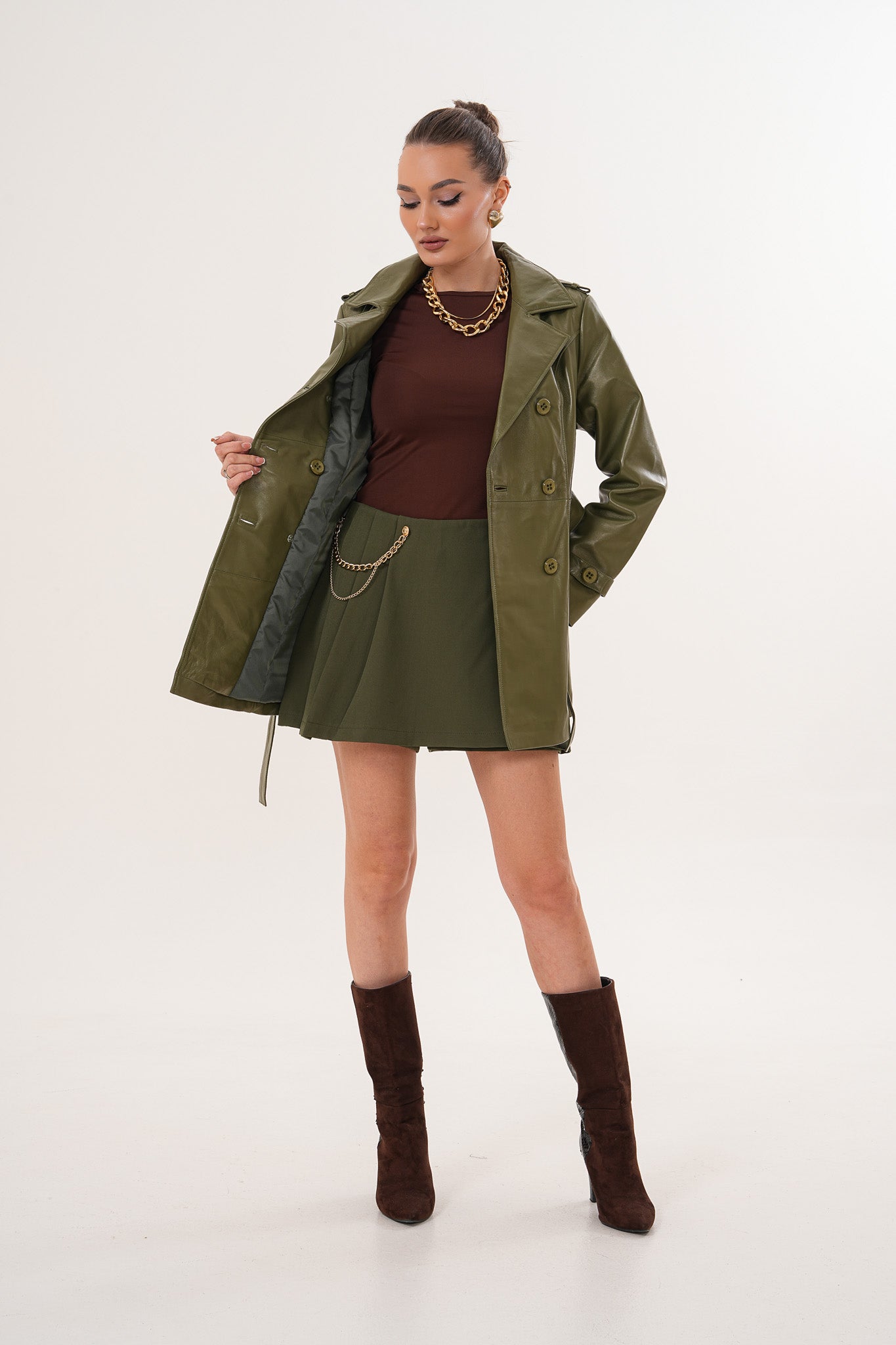 The Caelith Olive Green Leather Trench Jacket Exclusive Style