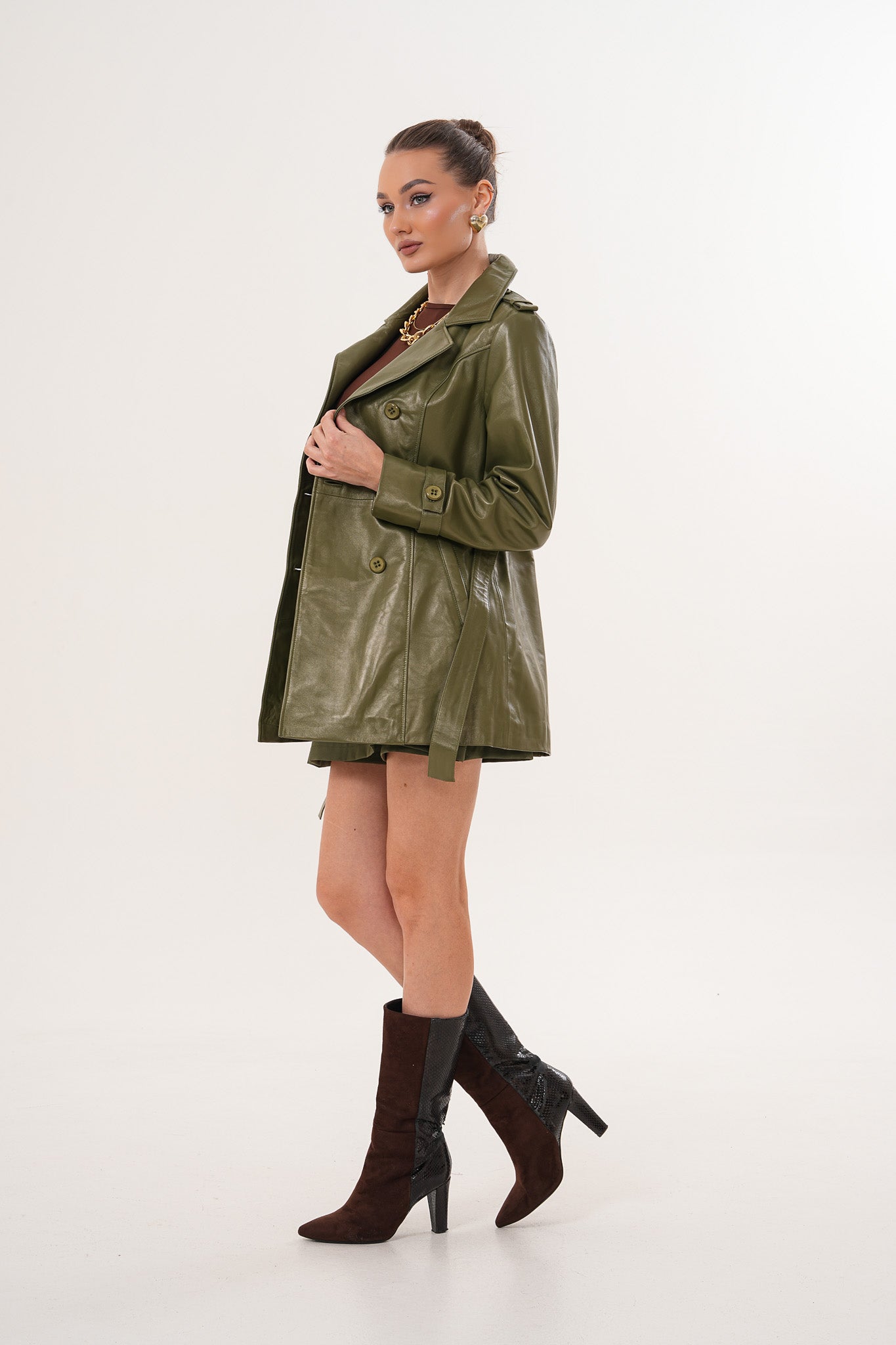 The Caelith Olive Green Leather Trench Jacket Exclusive Style