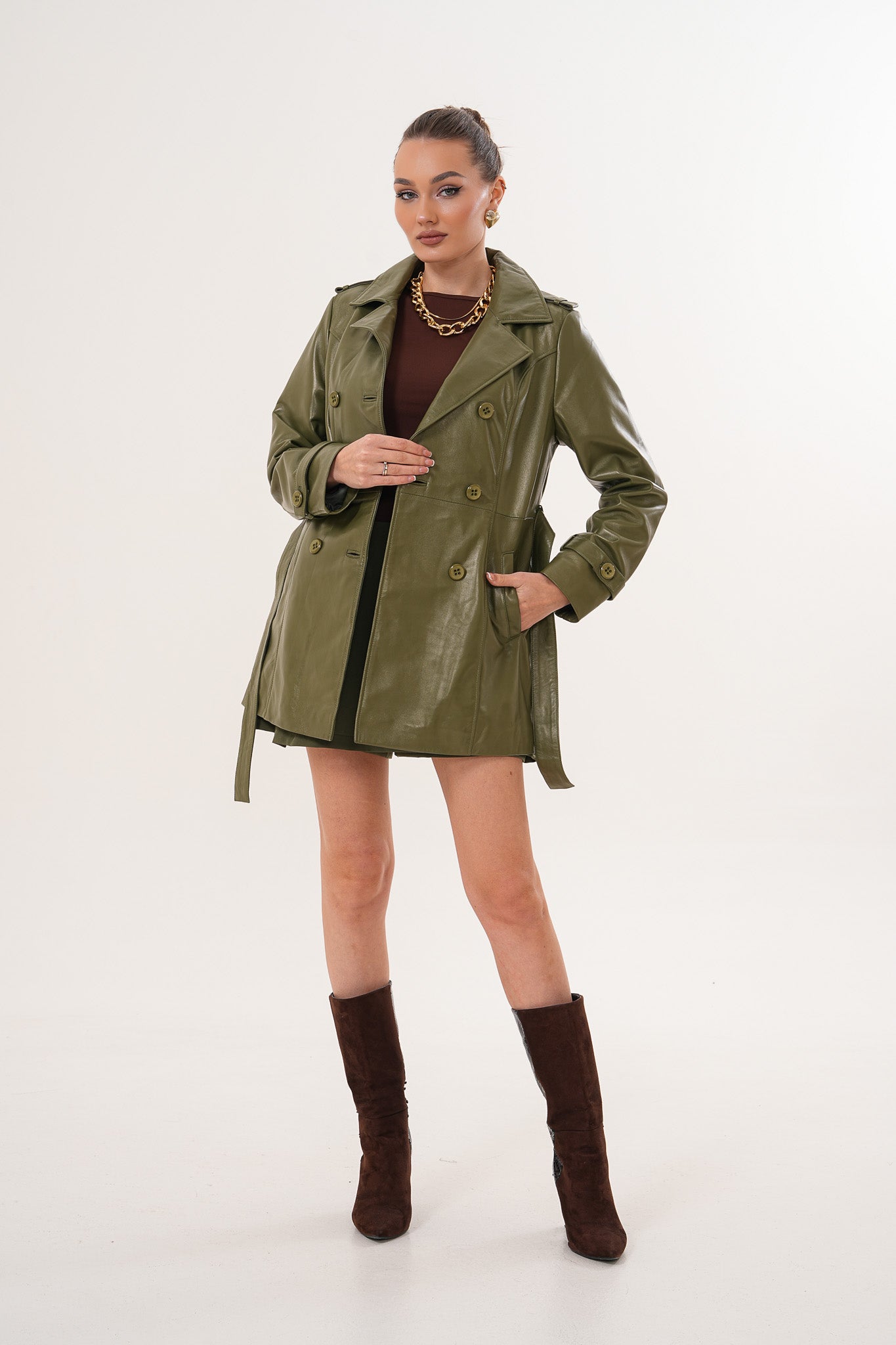 The Caelith Olive Green Leather Trench Jacket Exclusive Style