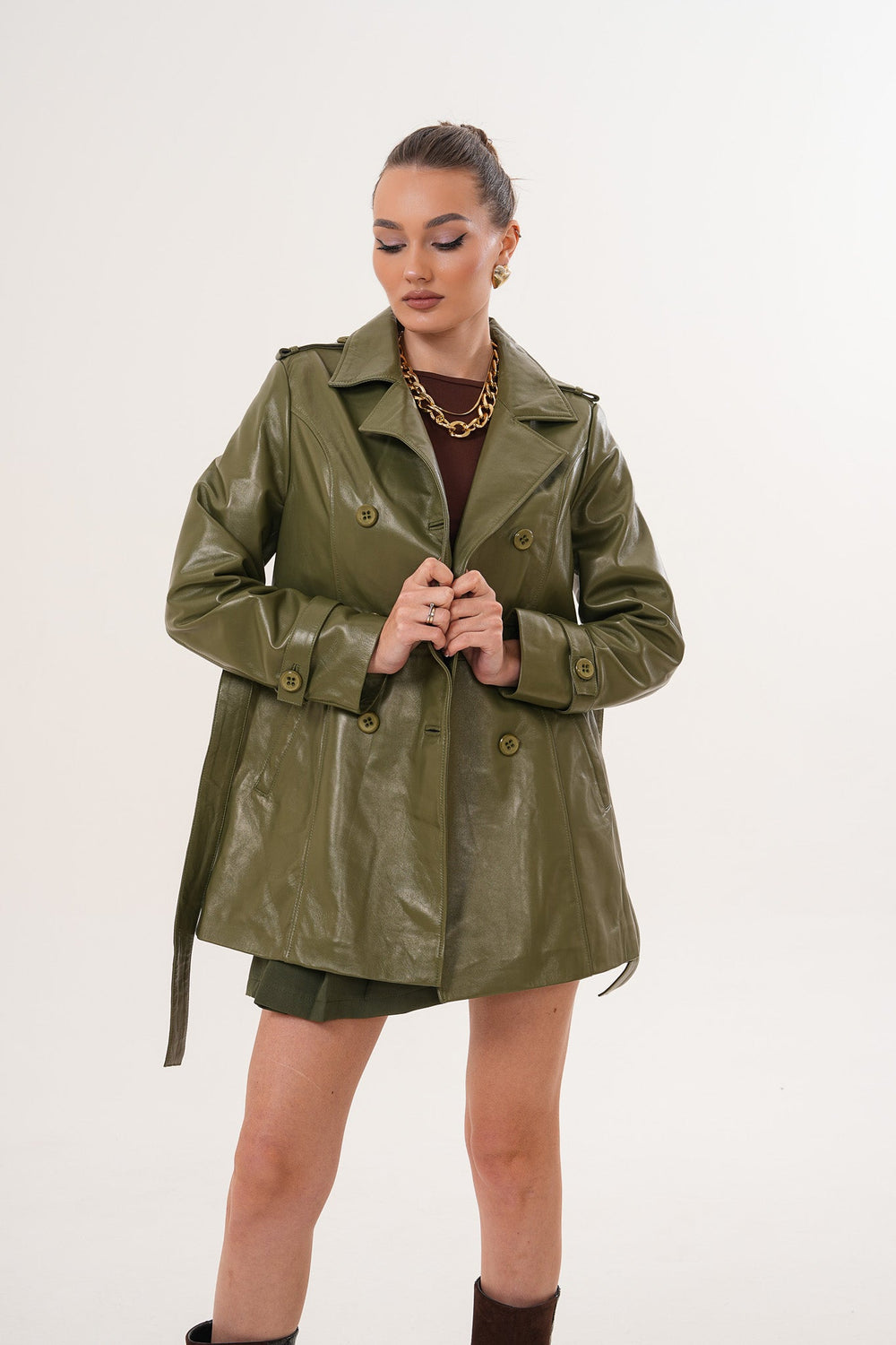 The Caelith Olive Green Leather Trench Jacket Exclusive Style