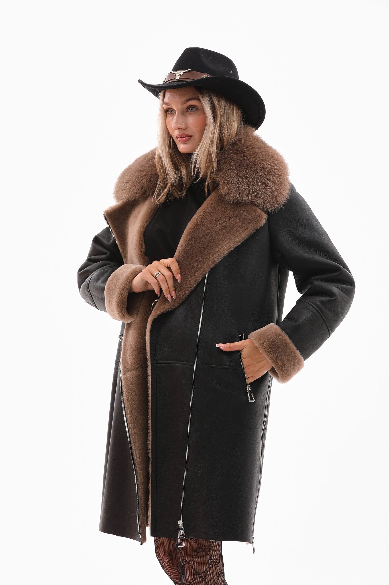 The Onyx Caramel Shearling Fox Fur Leather Jacket On Sale