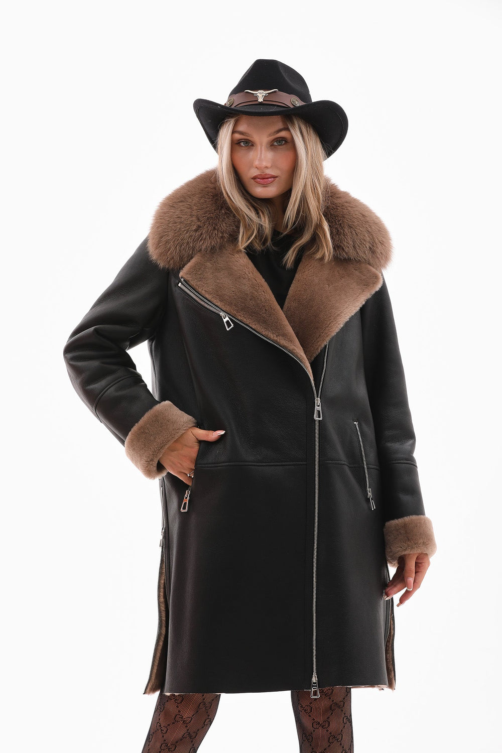 The Onyx Caramel Shearling Fox Fur Leather Jacket On Sale