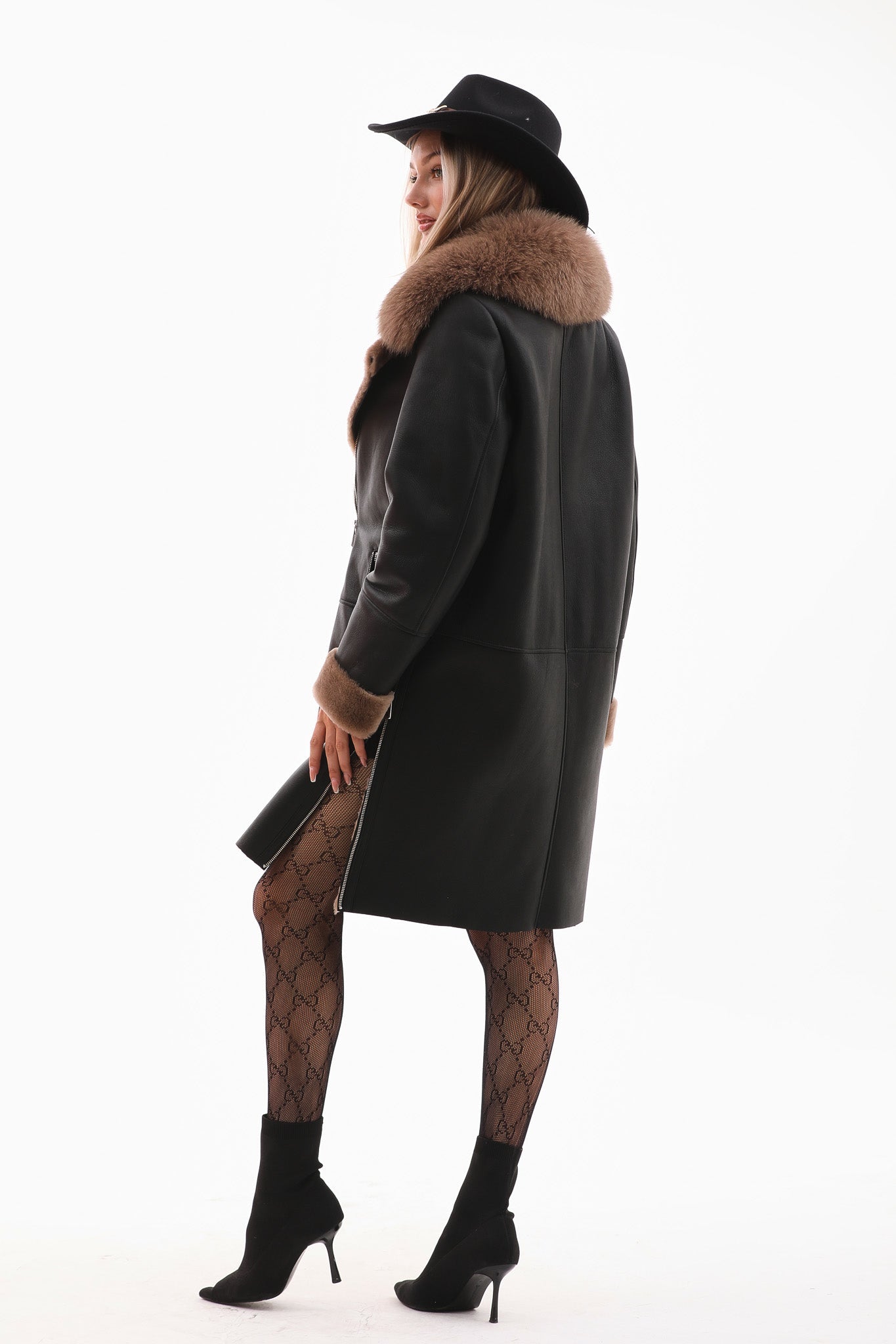 The Onyx Caramel Shearling Fox Fur Leather Jacket On Sale