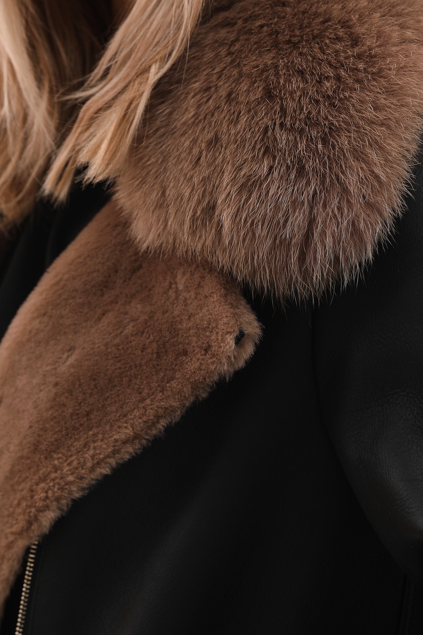 The Onyx Caramel Shearling Fox Fur Leather Jacket On Sale