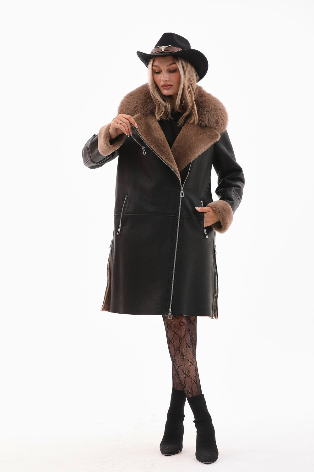 The Onyx Caramel Shearling Fox Fur Leather Jacket On Sale