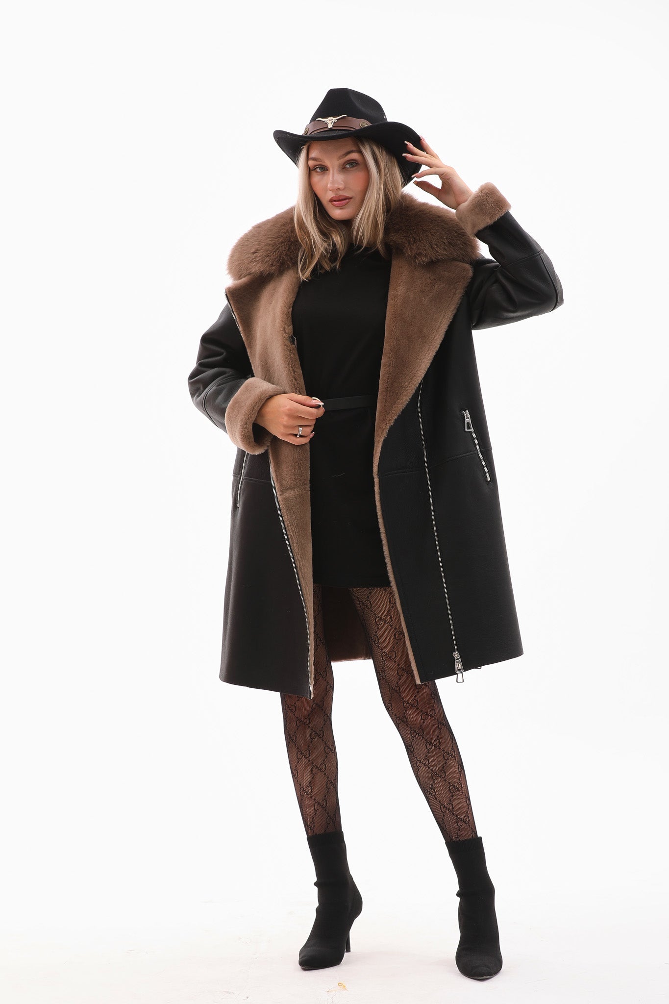 The Onyx Caramel Shearling Fox Fur Leather Jacket On Sale