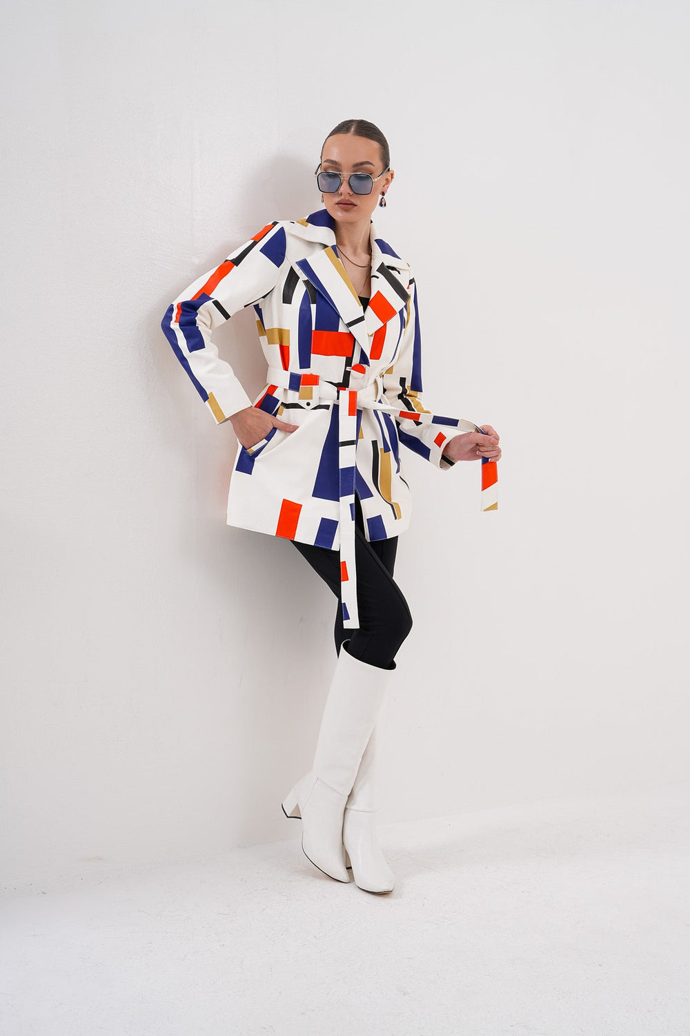 Sienna Abstract Art Leather Jacket – Red Navy Edition For Sale