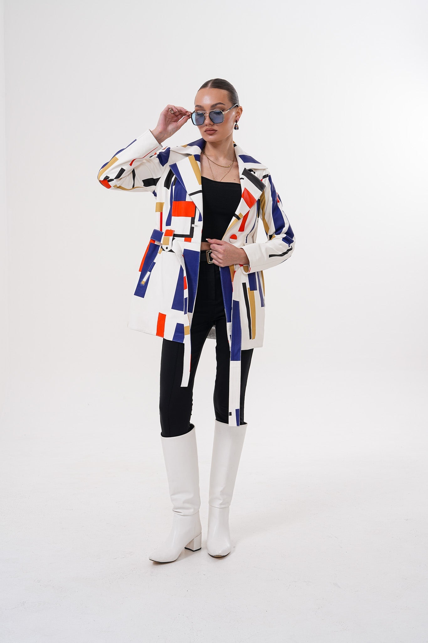 Sienna Abstract Art Leather Jacket – Red Navy Edition For Sale