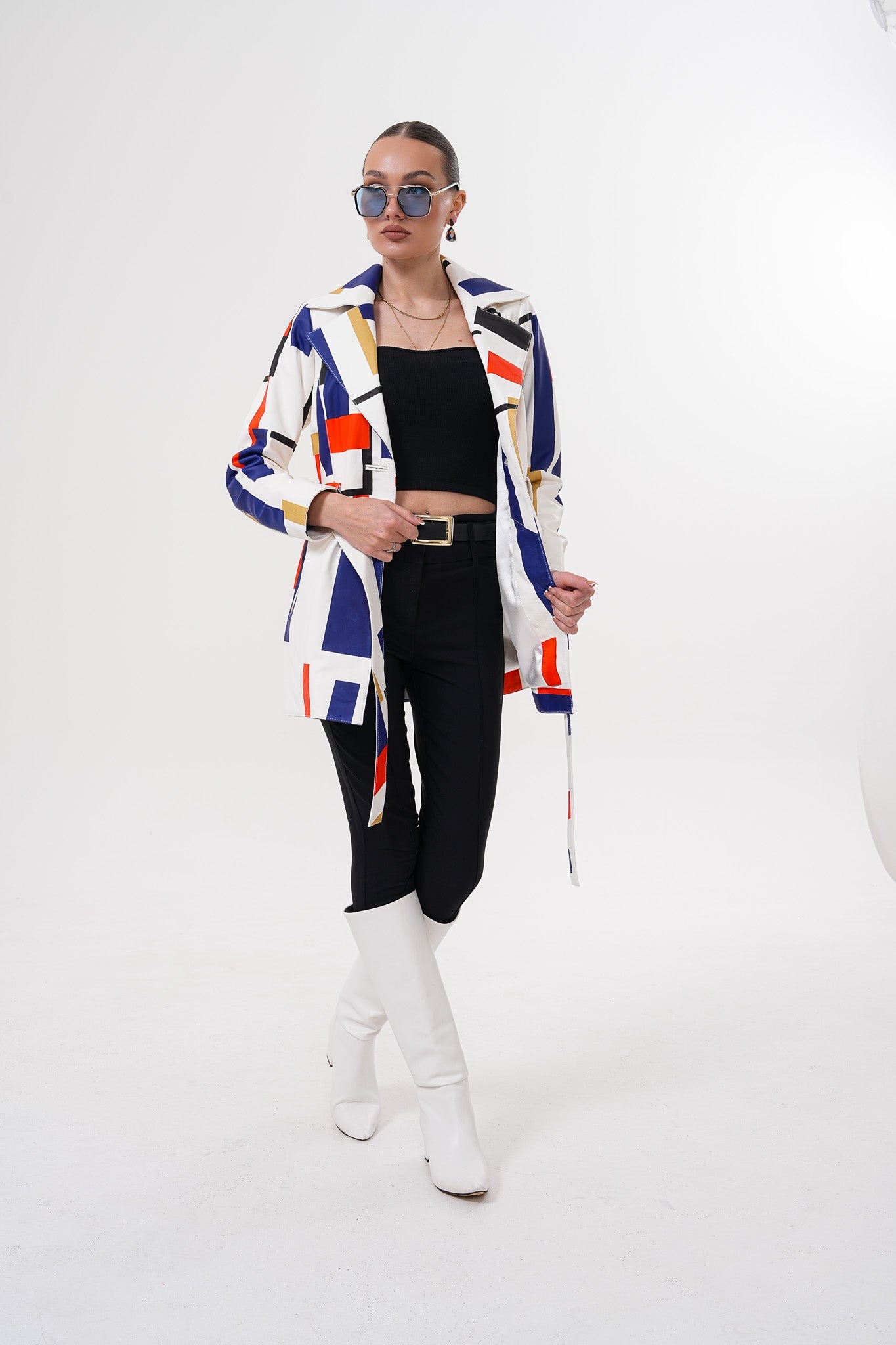 Sienna Abstract Art Leather Jacket – Red Navy Edition For Sale