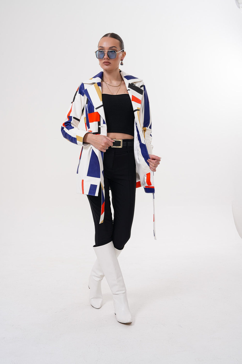 Sienna Abstract Art Leather Jacket – Red Navy Edition For Sale