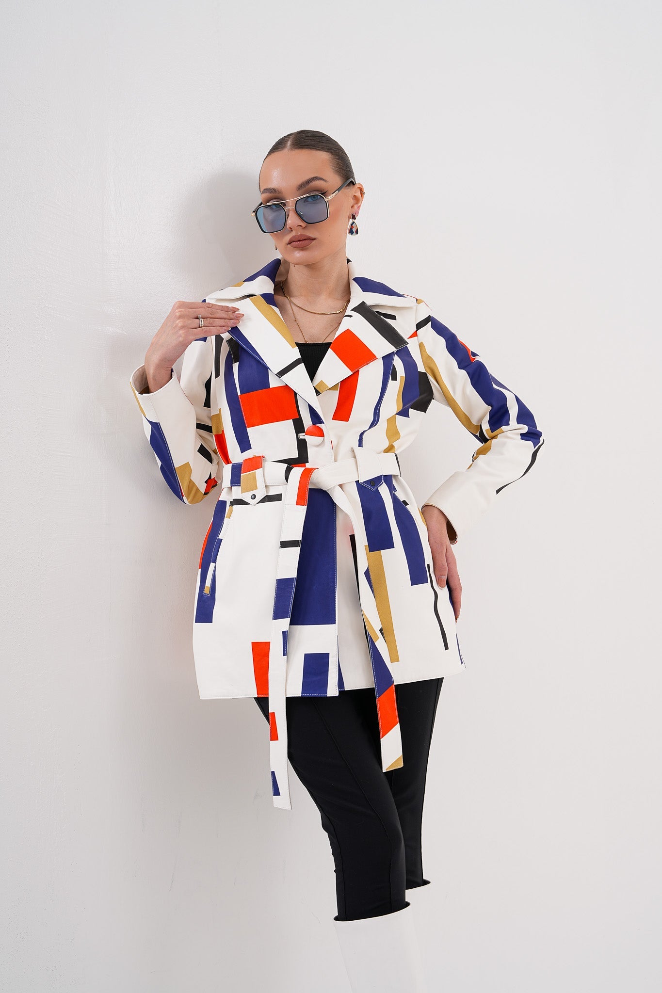 Sienna Abstract Art Leather Jacket – Red Navy Edition For Sale