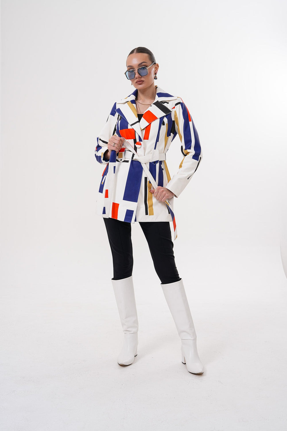 Sienna Abstract Art Leather Jacket – Red Navy Edition For Sale