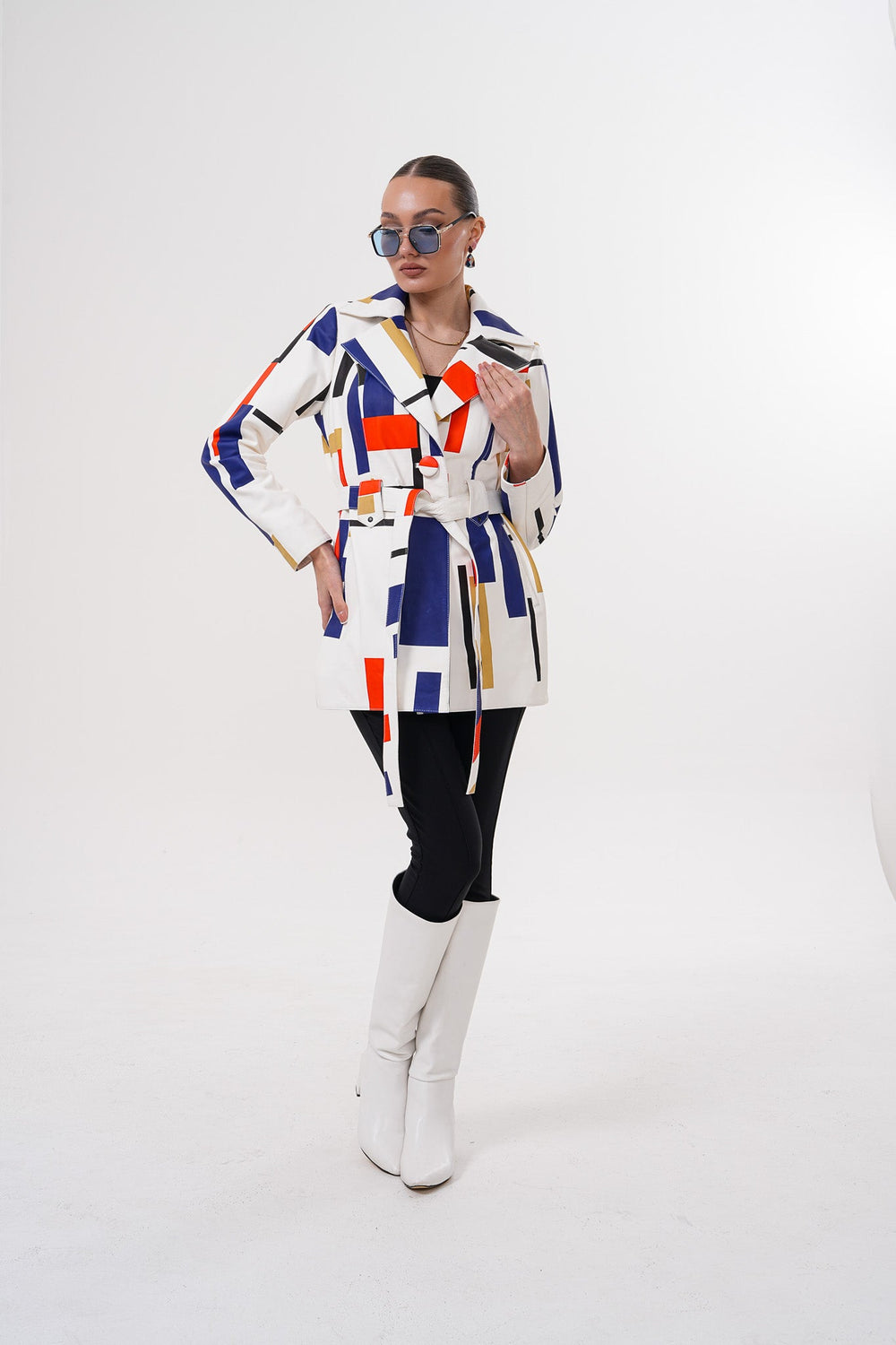 Sienna Abstract Art Leather Jacket – Red Navy Edition For Sale