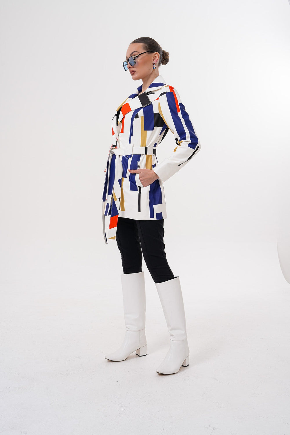 Sienna Abstract Art Leather Jacket – Red Navy Edition For Sale