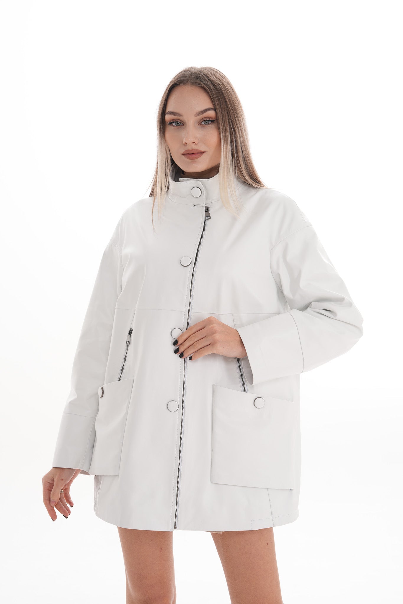 The Liora White Leather Jacket Universal Fit
