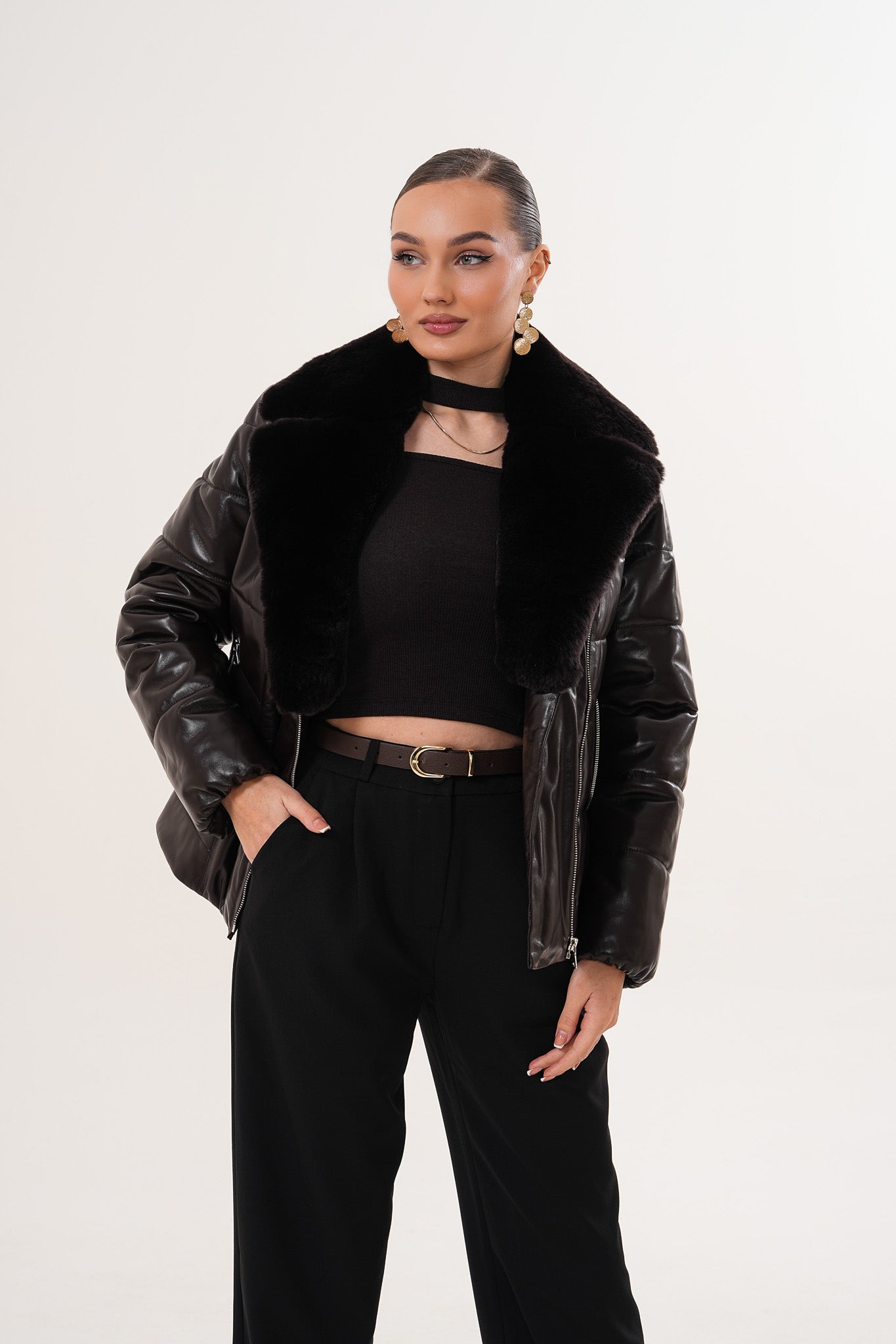 The Elvaris Dark Chocolate Leather Jacket with Fur Collar Exclusive Style