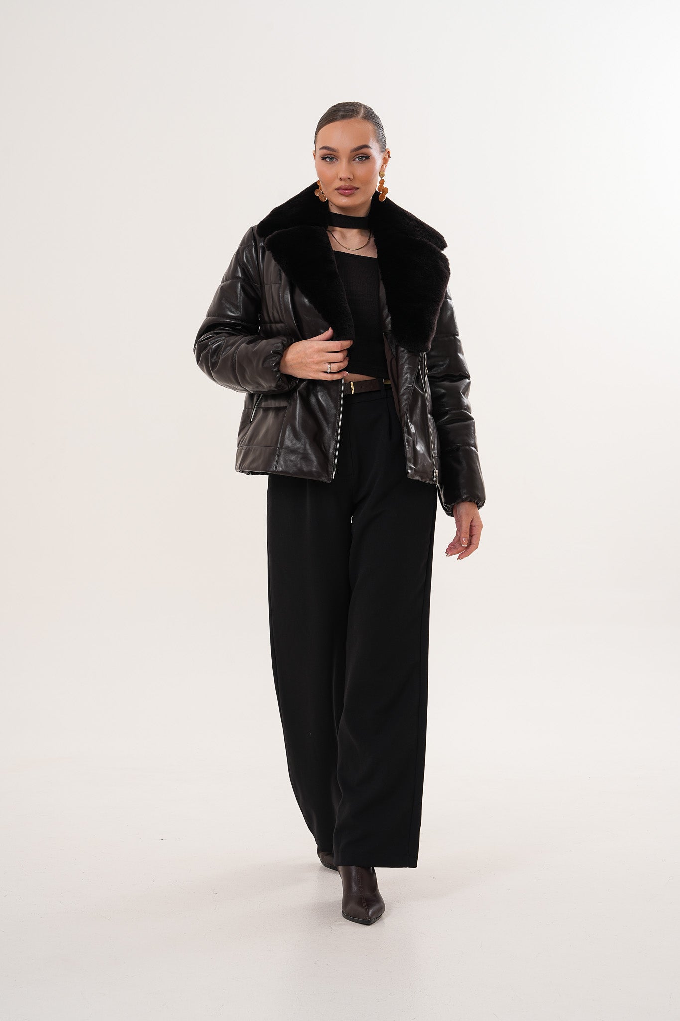 The Elvaris Dark Chocolate Leather Jacket with Fur Collar Exclusive Style