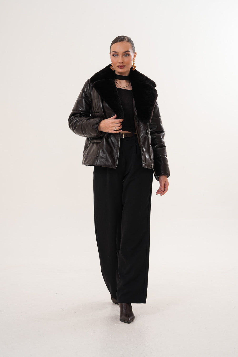 The Elvaris Dark Chocolate Leather Jacket with Fur Collar Exclusive Style