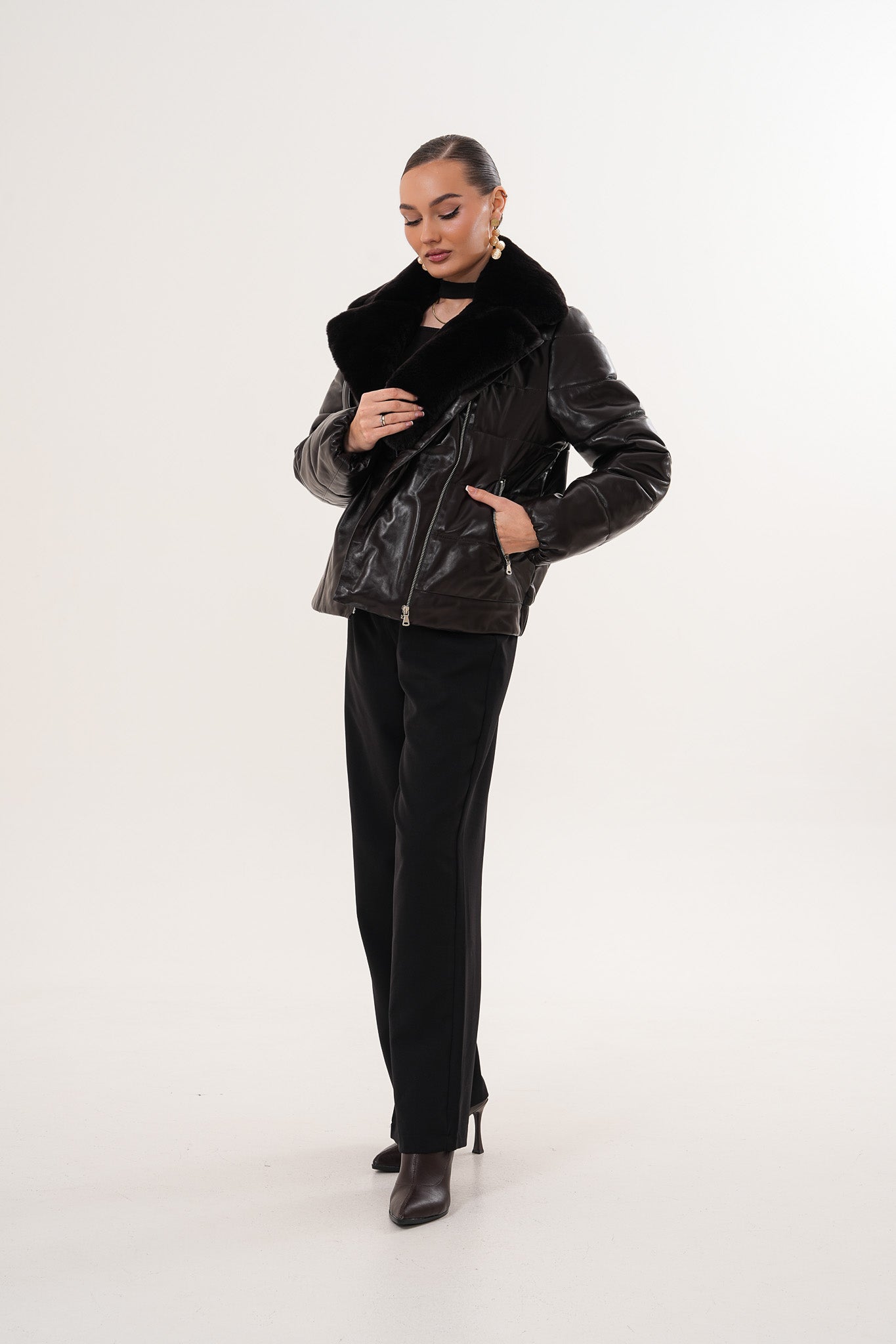 The Elvaris Dark Chocolate Leather Jacket with Fur Collar Exclusive Style
