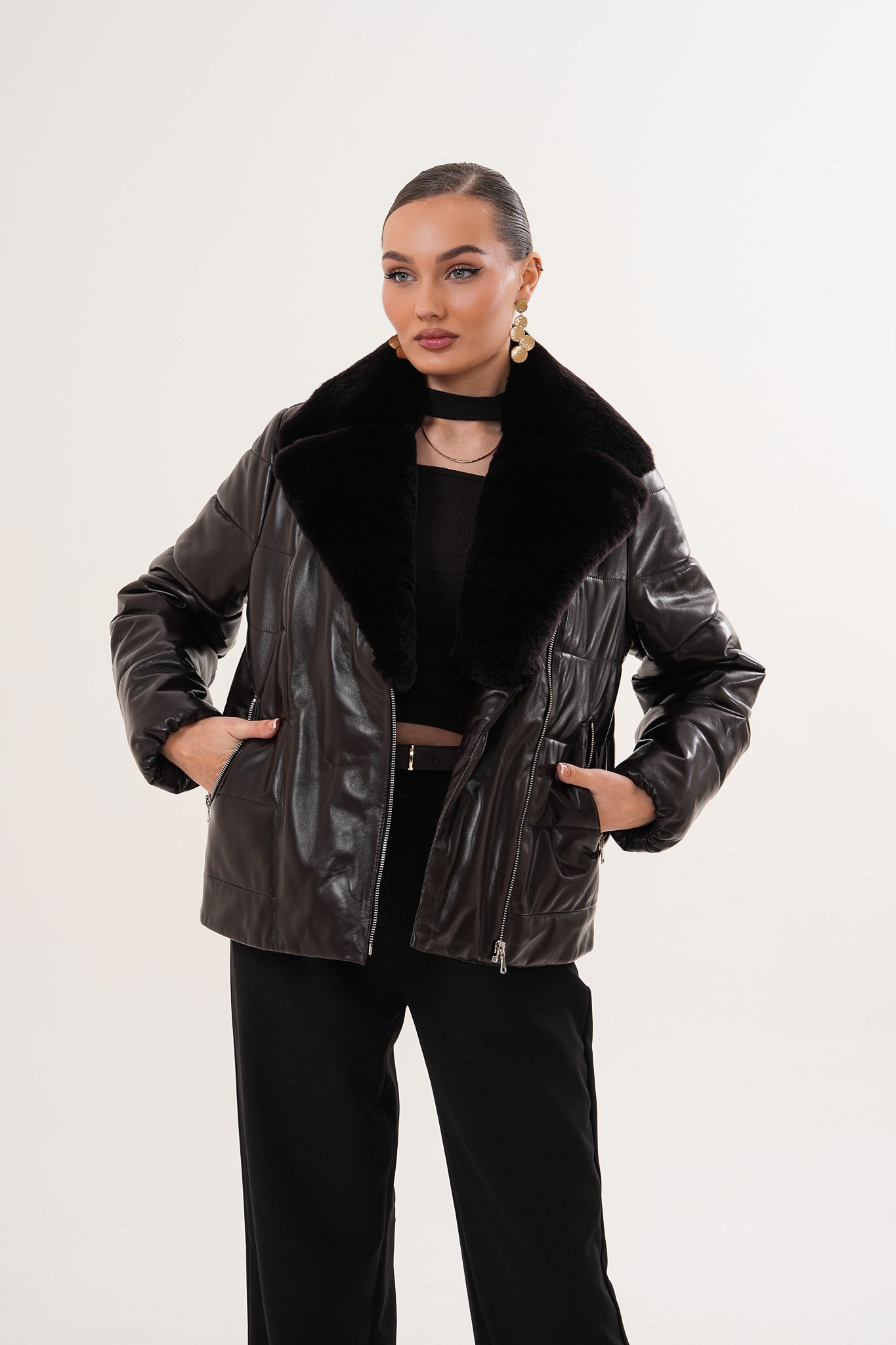 The Elvaris Dark Chocolate Leather Jacket with Fur Collar Exclusive Style