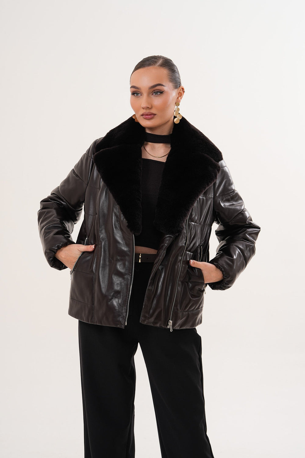 The Elvaris Dark Chocolate Leather Jacket with Fur Collar Exclusive Style
