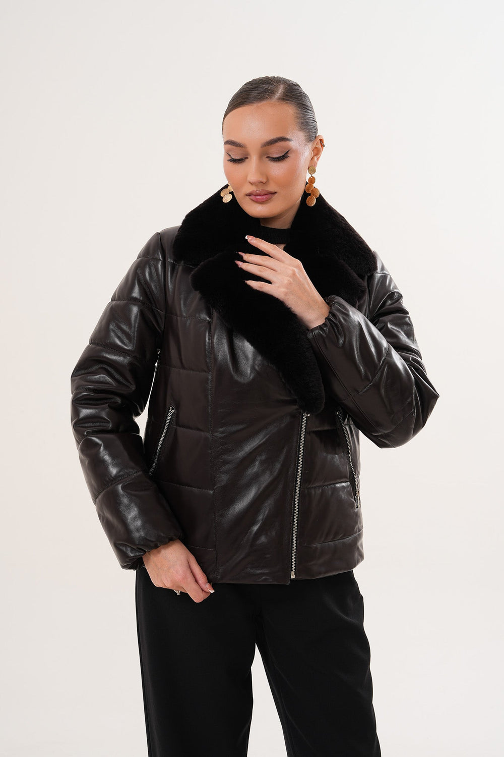 The Elvaris Dark Chocolate Leather Jacket with Fur Collar Exclusive Style