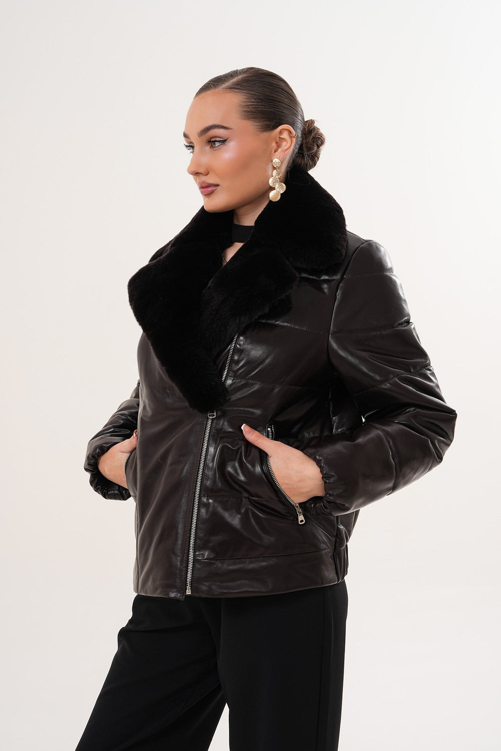 The Elvaris Dark Chocolate Leather Jacket with Fur Collar Exclusive Style