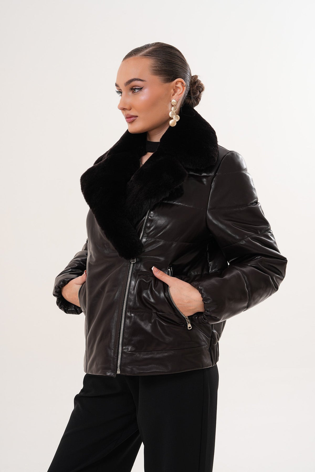 The Elvaris Dark Chocolate Leather Jacket with Fur Collar Exclusive Style