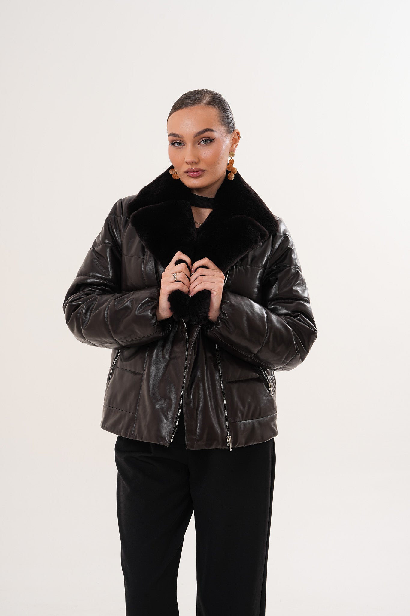 The Elvaris Dark Chocolate Leather Jacket with Fur Collar Exclusive Style