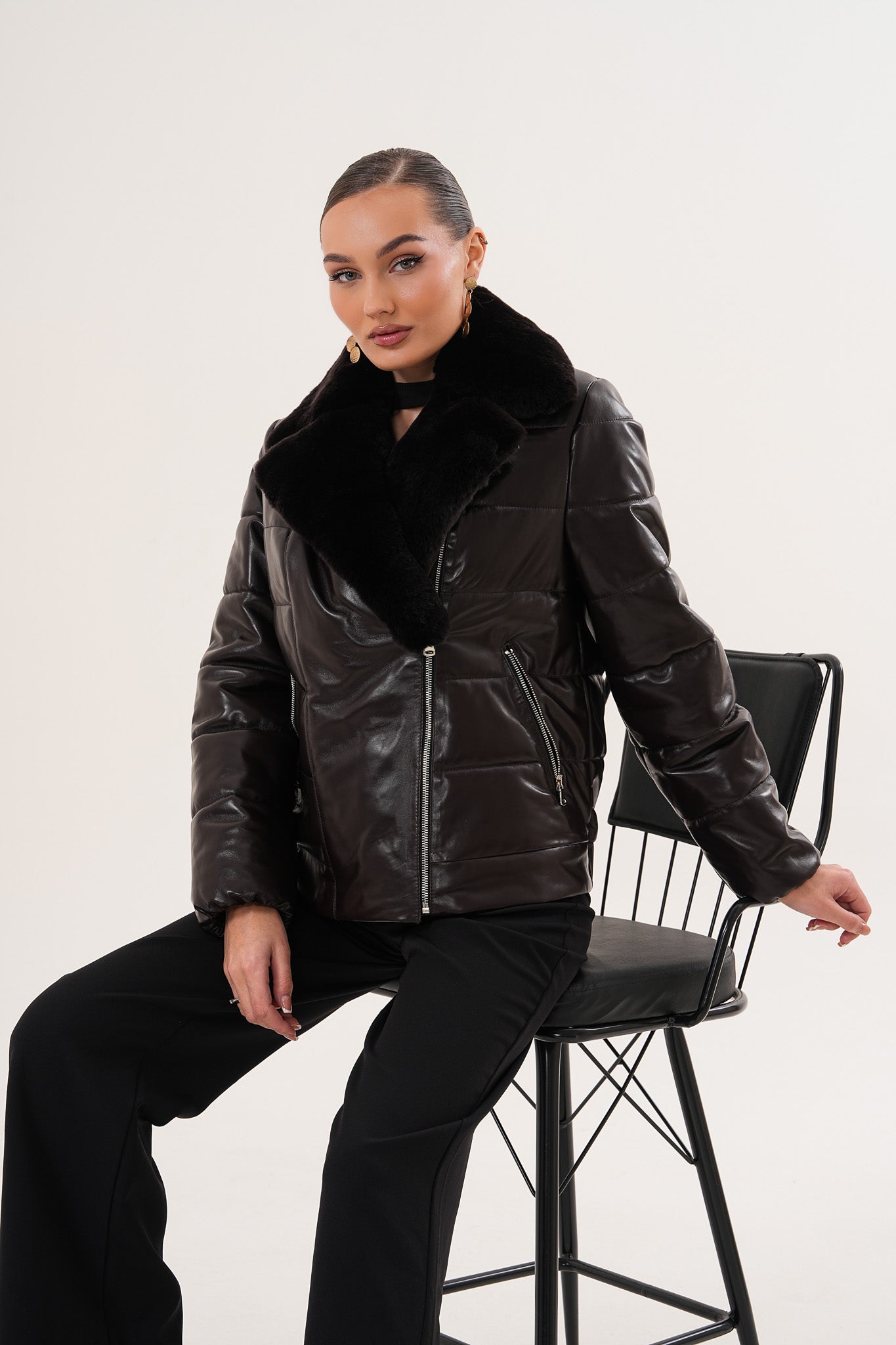 The Elvaris Dark Chocolate Leather Jacket with Fur Collar Exclusive Style