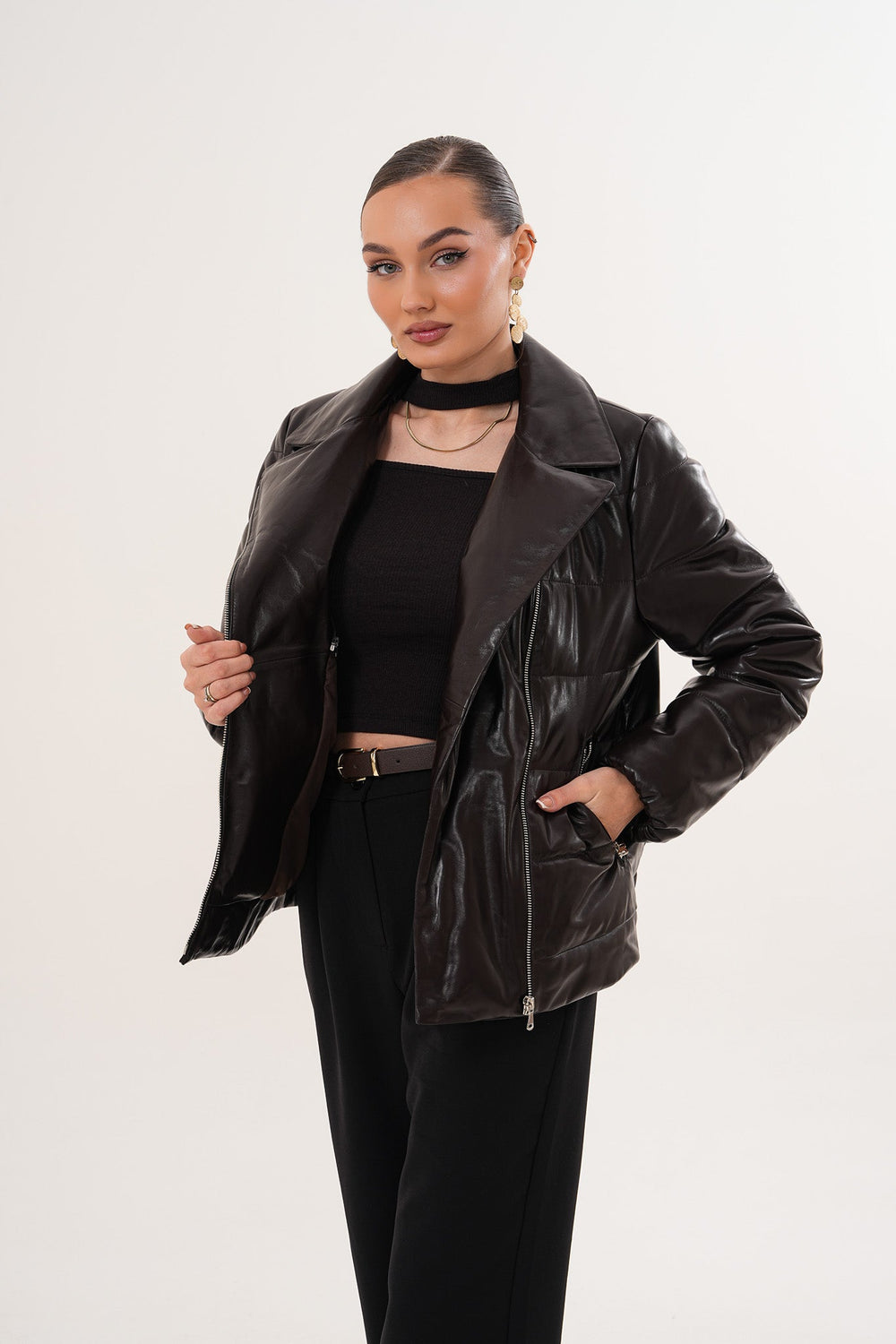 The Elvaris Dark Chocolate Leather Jacket with Fur Collar Exclusive Style