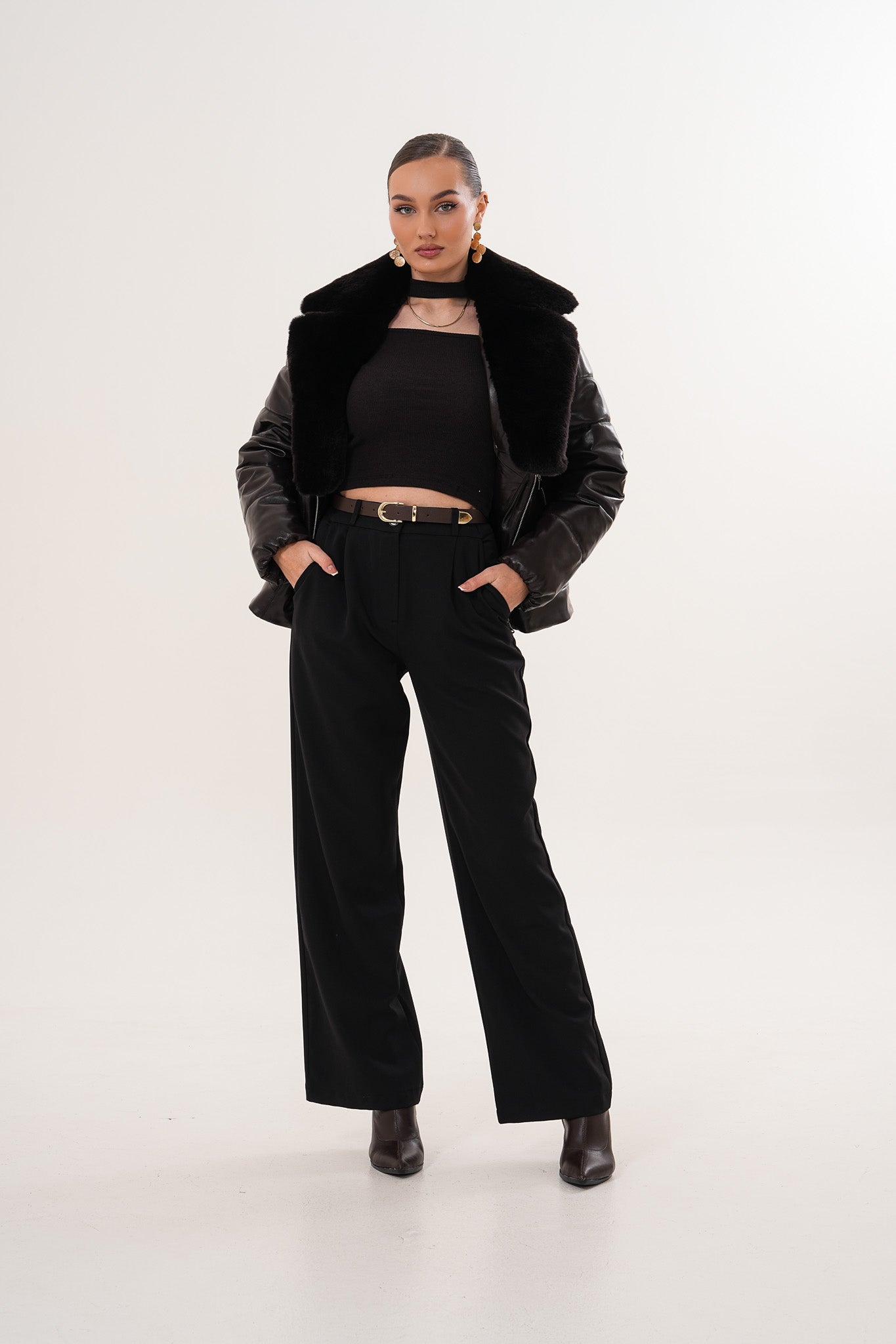 The Elvaris Dark Chocolate Leather Jacket with Fur Collar Exclusive Style