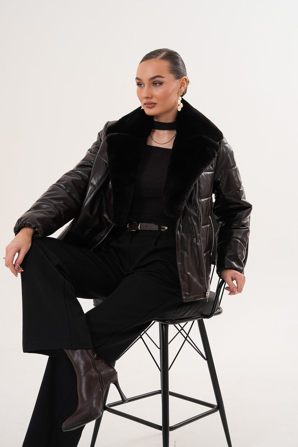 The Elvaris Dark Chocolate Leather Jacket with Fur Collar Exclusive Style